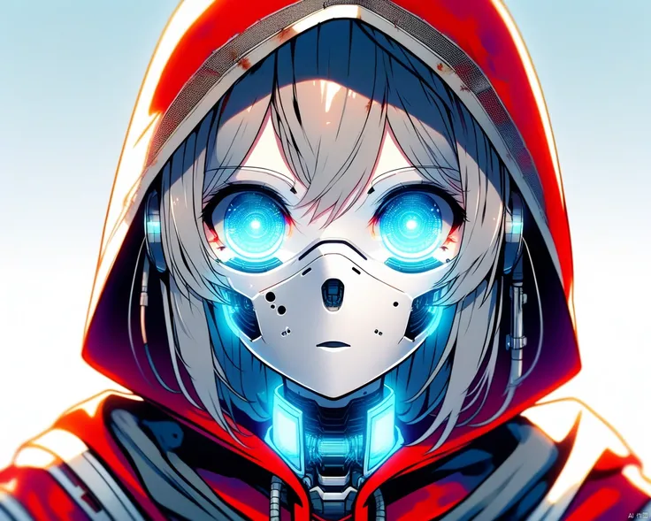 DALLE-Sytles,1girl,EA post apocalyptic portrait photo of a red hooded woman, (((front view))), blue eyes,beautiful female, beautiful face, biomechanical android with translucent lingerie armor,scientific illustration,white backgorund,alabaster skin,perfect...