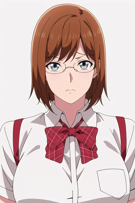 Simple White Background,
dynamic pose,standing at attention,
white shirt,red skirt, school uniform, shirt, short sleeves,pleated skirt, red bow, plaid bowtie, plaid neckwear,suspenders,
<lora:Hakuro_Hayashi_WorldEnd-KK77-V1:0.7>,semi-rimless eyewear, 
blue...