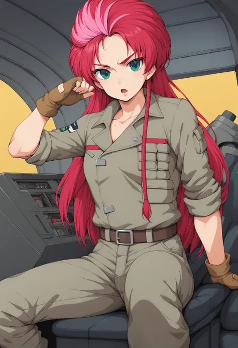 1girl, cowboy shot, (cockpit:1.4), mecha, serious, sitting, background, open mouth, 
yuuki_sara, green eyes, multicolored hair, red hair, two-tone hair, pink hair, long hair, brown gloves, fingerless gloves, belt, sleeves rolled up, breast pocket, military...