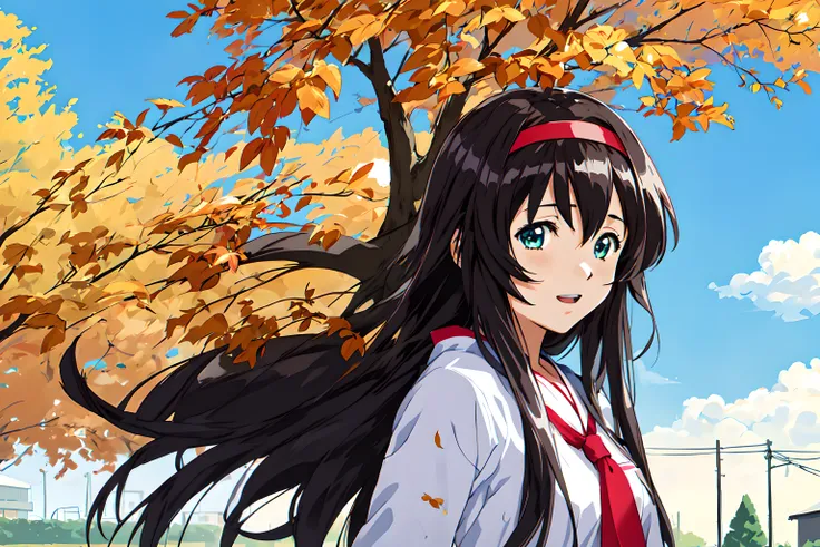 <lora:himeno:0.8>,himeno,1girl,super fine illustration,masterpiece,best quality,sky,:d,in autumn,