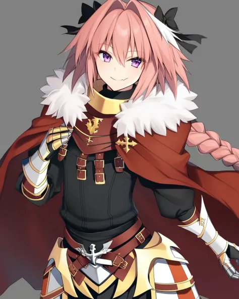 rs,masterpiece,best quality,<lora:astolfov2:1>,solo,grey_background,red_cloak,gorget,commentary_request,1boy,black_bow,otoko_no_ko,astolfo_(fate),armored_dress,gauntlets,hair_intakes,fang,closed_mouth,black_dress,looking_at_viewer,simple_background,smile,s...