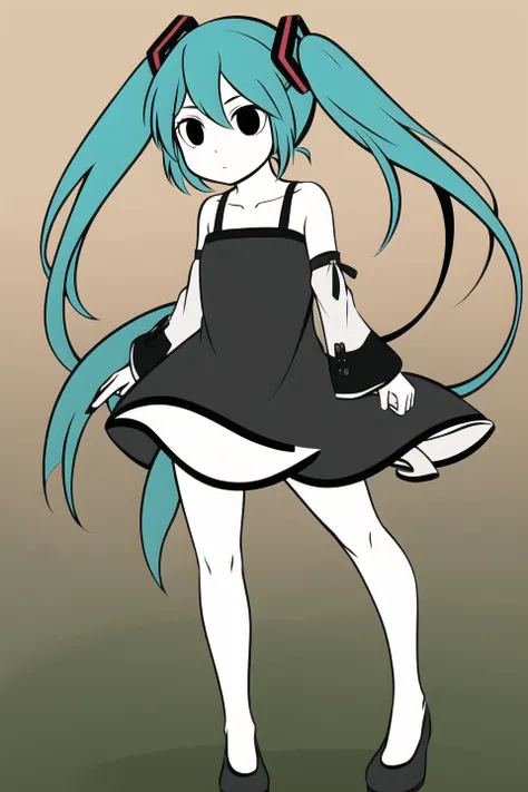 1girl,solo,GREEN hair,long hair,twintails,gray dress,detached sleeves,bare shoulders,hatsune miku,white skin,black eyes,expressionless,masterpiece,best quality,high quality,full body,<lora:FRZ-V4:0.6>,