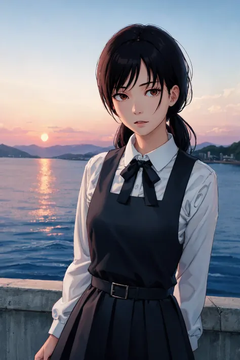 ray tracing, absurdres, offical art, illustration, (((masterpiece))),(((best quality))),((ultra-detailed)), hayao miyazaki style, 1girl, aged_up, solo, looking at viewer, arms behind back, asa_mitaka, black hair, black ribbon, pinafore dress, anime, black ...