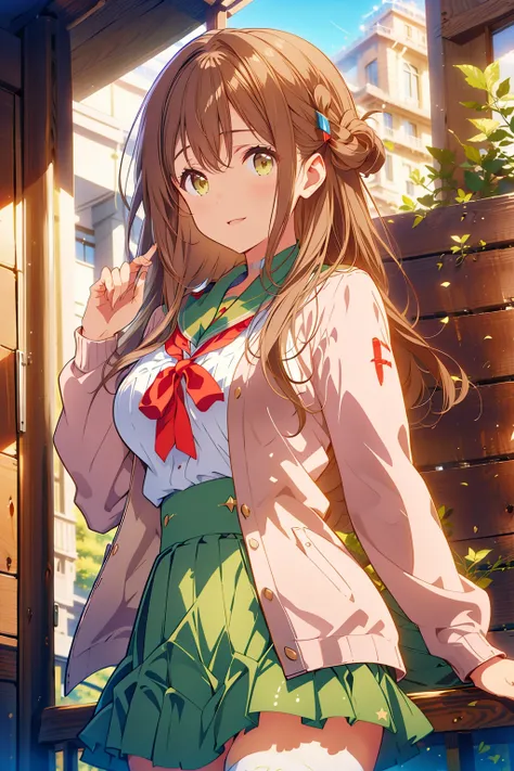 (masterpiece, best quality:1.2), 1girl, solo, yuri_wakasa, smile, laugh, brown hair, green eyes, tareme, long hair, hair clip, cardigan, (large breasts:1.2), black thighhighs, looking at viewer, outdoor, <lora:wakasayuri_4:0.8>,  <lora:add_detail:0.5>,  <l...