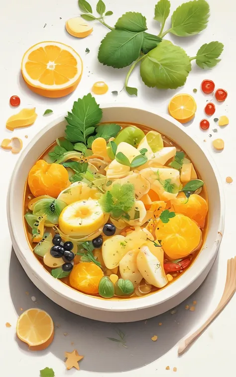 masterpiece, best quality
bowl, food, food focus, fruit, leaf, no humans, orange (fruit), simple background, soup, still life, vegetable, white background