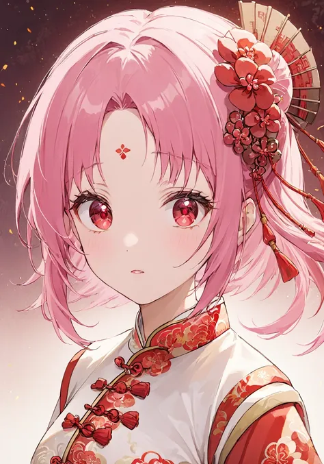 <lora:shanbao_xl:0.7>,shanbao,masterpiece,high quality,highres,
A lovely girl looks at viewer with her head sideways and slightly confused eyes,she has pink hair and red eyes,with hair ornament,dressing white chinese clothes,