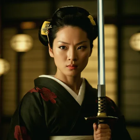 cinematic film still of  <lora:Kill Bill style:1>
Cinematic film image of O-Ren Ishii a woman in a kimono is holding a sword,1girl,solo,looking at viewer,black hair,hair ornament,holding,closed mouth,weapon,japanese clothes,sword,kimono,holding weapon,blur...