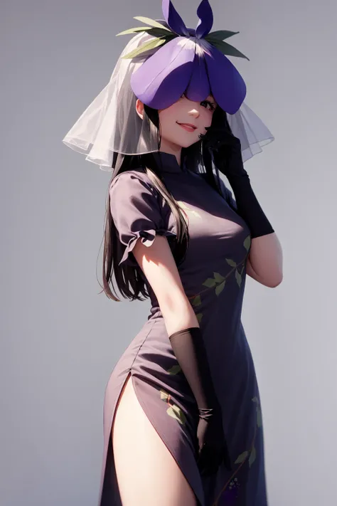 masterpiece, best quality, <lora:YomotsuHisami:1>,
1girl, veil,flower,long hair,black hair,covered eyes,purple eyes,purple dress,short sleeves,black gloves, side slit,floral print,
cowboy shot, grey background, smile,