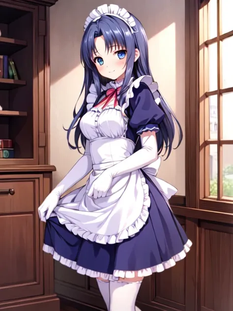 best quality,masterpiece,detailed face, uncensored, 1girl, solo focus, smile, blush, solo, in room, full body, standing, window, 
 <lora:Lil_rg_1:0.7> lil_rg, dark blue hair, long hair,low tied hair, forehead, blue eyes, mediam breasts, maid, maid headdres...