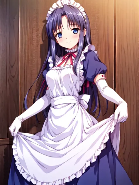 best quality,masterpiece,detailed face, uncensored, 1girl, solo focus, cowboy shot, smile, blush, solo, in room,
 <lora:Lil_rg_1:0.8> lil_rg, dark blue hair, long hair,low tied hair, forehead, blue eyes, mediam breasts, maid, maid headdress, dark blue dres...