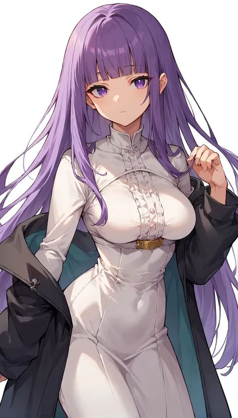 score_9, score_8_up, score_7_up, score_6_up, source anime, rating questionable, 1girl, white dress, black coat, purple eyes, long hair, purple hair, solo, breasts, long sleeves, looking at viewer, blunt bangs, long sleeves