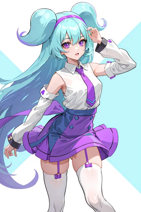 <lora:PamuCCv1:0.7> pamu, masterpiece, best quality, 1girl, solo, blue hair, long hair, purple eyes, (((shirt, skirt, thighhighs)))