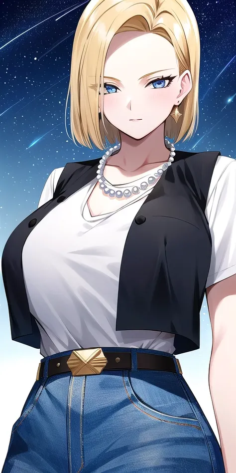 <lora:Lazuli18gouV1:0.7> lazuli18gou, huge_breasts, standing, solo, Black_vest_White_shirt_short_sleeves_Jeans_high-waist_pants_Belt_Pearl_necklace, starry_sky,, masterpiece, best_quality, detailed_face, detailed_eyes, highres, beautiful, detailed, absurdr...