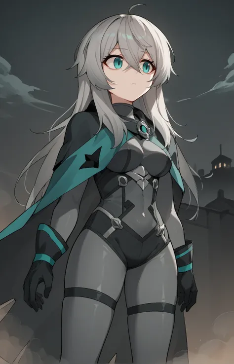 score_9, score_8_up, score_7_up, score_6_up, BREAK source_anime, cowboy shot, dutch angle, 1girl, <lora:KatjaPDXL:1> katja, long hair, grey hair, aqua eyes, hair between eyes, grey bodysuit, black bodysuit, cape, gloves, medium breasts, ahoge, expressionle...