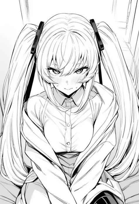 1girl,hatsune miku,monochrome,masterpiece,best quality,<lora:KishinHiguchi:0.8>,