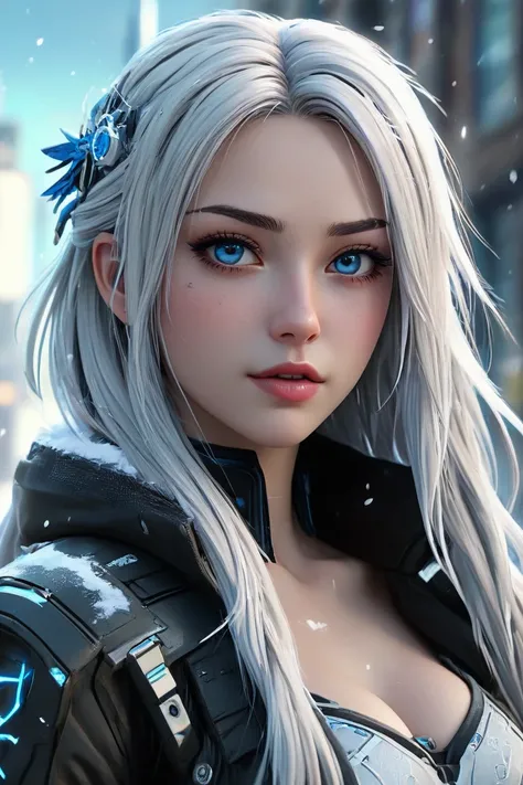 a super sexy Anime girl with long hair, in 2099 city, snow flake, frozen buildings, cyberpunk style, high detailed on face, beatuiful eyes, best quality, 8k