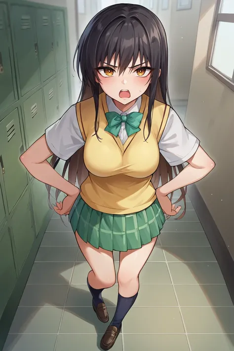 score_9, score_8_up, source_anime, BREAK 1girl <lora:kotegawayui-pdxl-nvwls-v1:1> kotegawayui, long hair, yellow sweater vest, white shirt, short sleeves, green bowtie, plaid miniskirt, green miniskirt, socks, loafers, hands on hips, open mouth, annoyed, l...