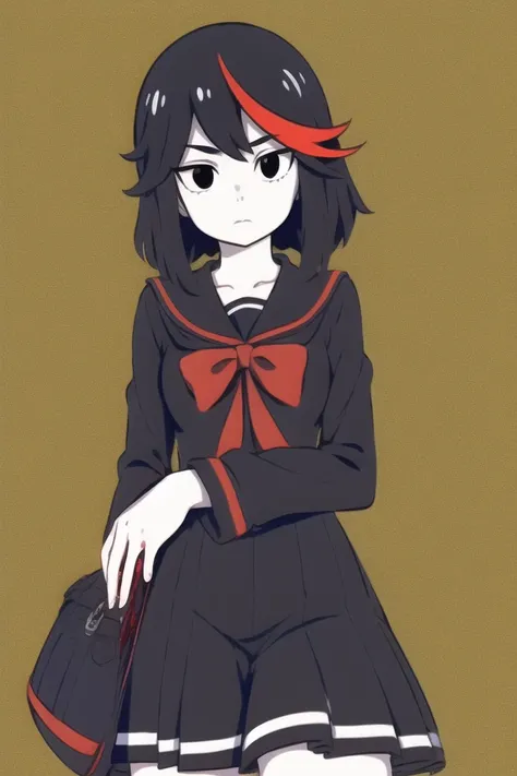 1girl,solo,black hair,short hair,white skin,black eyes,expressionless,simple background,masterpiece,best quality,high quality,<lora:FRZ:1>,<lora:Matoi Ryuko:0.4>,kill la kill,matoi ryuuko,cowboy shot,