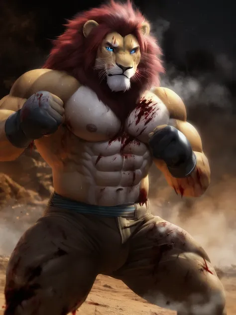 big muscles, male, lion, cgi,realism, (fighting pose:1.2), eye glow, sweat, dirt, nipple, red hair, (blood splatter:1.2), blue eye, teeth, (steam:1.0), bruises, scar, smile, glove fists,