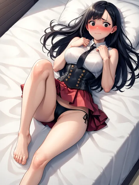 score_9, score_8_up, score_7_up, score_6_up, source_anime BREAK
<lora:Microskirt_Girl_Pony_v1:0.6>, detailed face, detailed eyes, cute, pretty, 1girl, solo, lying down on bed, (big bed:1.5), from above, (shy, embarrassed:1.5),  medium breasts, (bare legs, ...