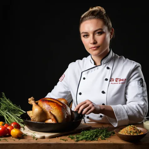 High quality studio photoshoot of an acclaimed female chef cooking a chicken dish for LA Times, serious expression, stunning,  <lora:flopugh_xl_1_standard_wo_cap_merger_17_68_05_05:1>