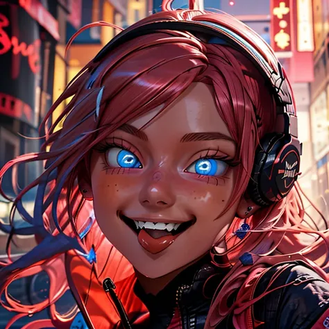 1girl,solo,long hair,looking at viewer,smile,open mouth,blue eyes,hair ornament,pink hair,red hair,teeth,tongue,tongue out,glowing,headphones,portrait,glowing eyes,
 <lora:DarkerLight3:1>,DarkerLight