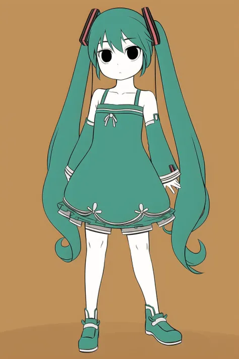 1girl,solo,GREEN hair,long hair,twintails,gray dress,detached sleeves,bare shoulders,hatsune miku,white skin,black eyes,expressionless,masterpiece,best quality,high quality,full body,<lora:FRZ-V4:0.8>,