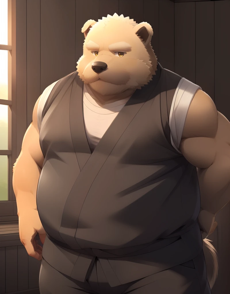 (((detailed eyes, detailed face))), (furry, gonzou <lora:character_gonzou_findigo_v2:1>, brown hair, facial hair, body fur, dog boy, snout, old man, yellow eyes), male, (solo), (plump, fat, chubby, overweight), (brown kimono, sleeveless, brown pants), stan...