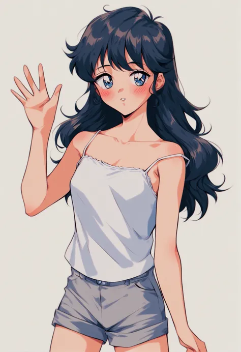 <lora:xl_1990 style(pony):1>,1990 style,retro artstyle,1girl, solo, black hair, long hair, shorts, white background, simple background, looking at viewer, blush, collarbone, blue eyes, camisole, bangs, hand up, grey shorts, parted lips, short shorts, cowbo...