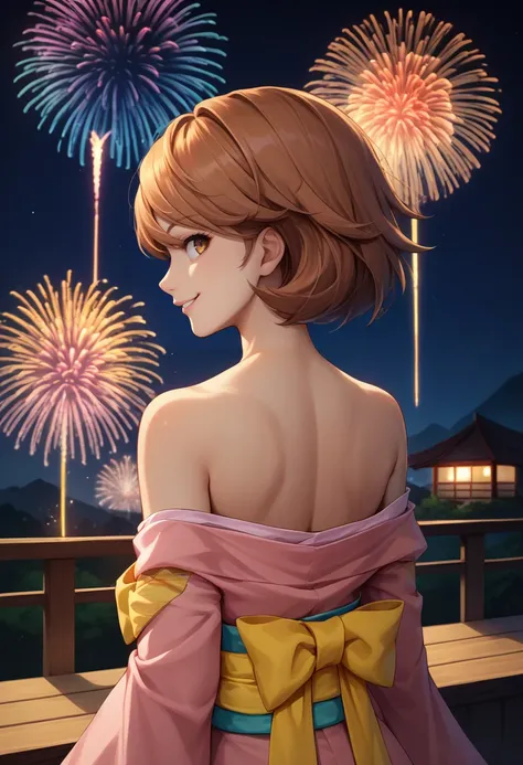 score_9, score_8_up, score_7_up, source_anime, from behind, solo, 1girl, yukariarena, smile, looking back, pink kimono, off shoulder, yellow sash, bare shoulders, fireworks <lora:persona3_takeba_ponyXL:1>