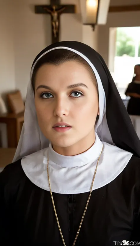 cinematic film still alexmae as a nun <lora:alexmae:1> . shallow depth of field, vignette, highly detailed, high budget, bokeh, cinemascope, moody, epic, gorgeous, film grain, grainy