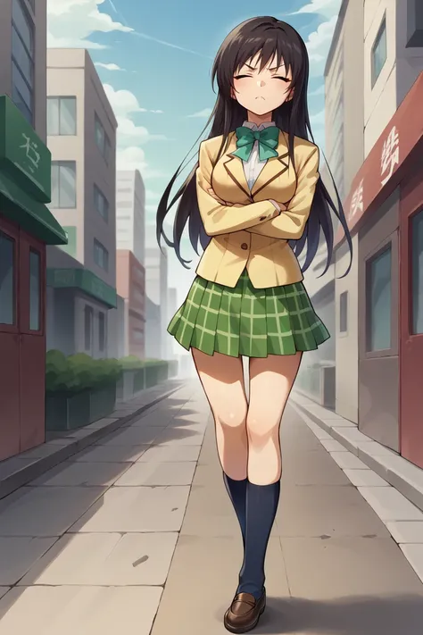 score_9, score_8_up, source_anime, BREAK 1girl <lora:kotegawayui-pdxl-nvwls-v1:1> kotegawayui, long hair, yellow blazer, long sleeves, green bowtie, plaid miniskirt, green miniskirt, closed eyes, socks, crossed arms, looking sideways, pout, blue sky, city,...