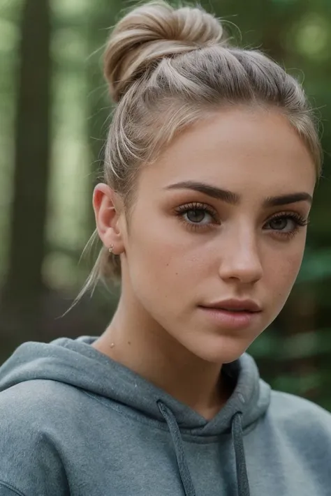 closeup headshot of S348_CharlyJordan,a beautiful woman,in a (forest:1.1),wearing a (sweatshirt:1.1),(hair-bun),(4k, RAW photo, best quality, depth of field, ultra high res:1.1),(absurdres, intricate, photorealistic, masterpiece, ultra-detailed:1.1),