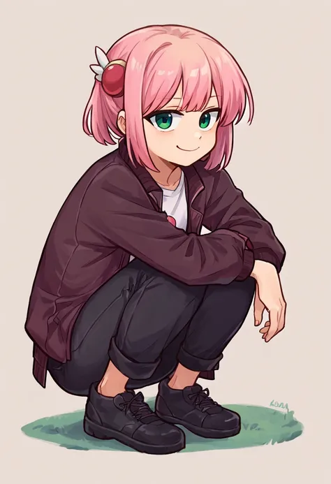 score_9, score_8_up, score_7_up, score_6_up, momornd,1girl,black_footwear,black_jacket,black_pants,closed_mouth,green_eyes,jacket,jitome,looking_at_viewer,medium_hair,pants,pink_hair,simple_background,slav_squatting,smile,smug,solo,squatting,white_backgrou...