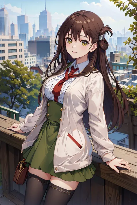 (masterpiece, best quality:1.2), 1girl, solo, yuri_wakasa, smile, laugh, brown hair, green eyes, tareme, long hair, hair clip, cardigan, (large breasts:1.2), black thighhighs, looking at viewer, city landscape, outdoor, <lora:wakasayuri_4:0.8>