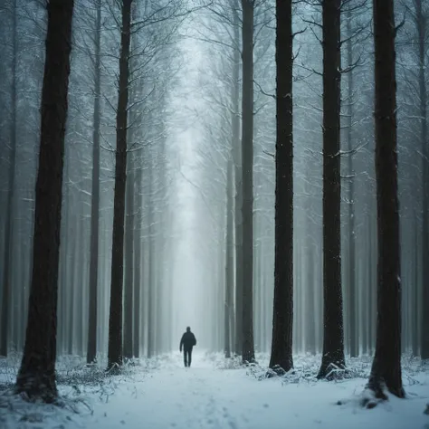 cinematic film still of  <lora:Juxtaposition style:1>
Juxtaposition of a forest with a few trees and a person walking in the distance,outdoors,blurry,tree,no humans,night,depth of field,nature,scenery,snow,forest,blurry foreground,snowing,winter,bare tree ...