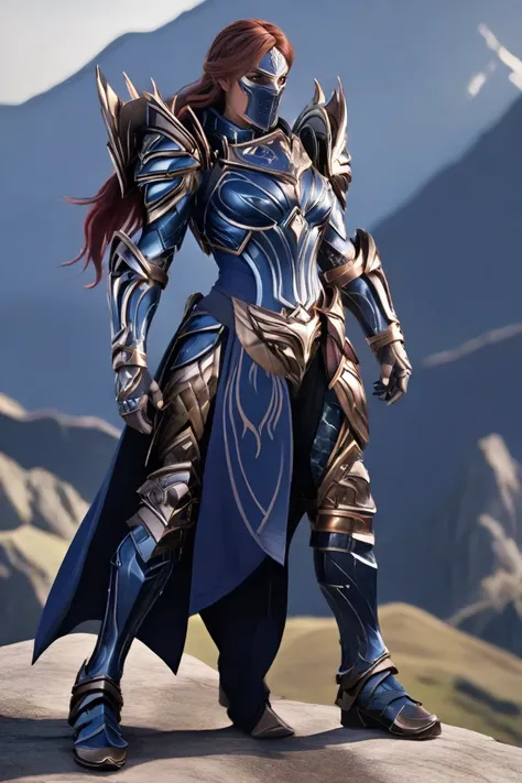 hxarmour,1 woman,(dark blue armour:1.1),mountain,<lora:HXarmour_004XL:0.8>,