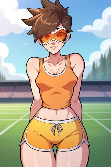 score_9, score_8_up, score_7_up, BREAK,  <lora:tobinge-guy-PONYv1:1>, 1girl, solo, breasts, tracer (overwatch), track and field, shorts, tank top,