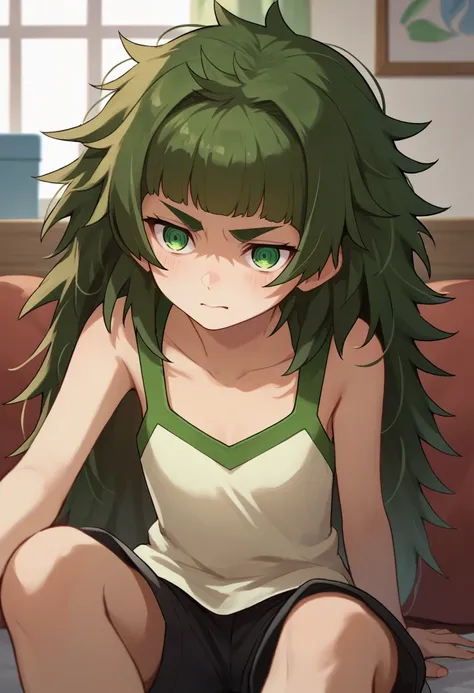 score_9, score_8_up, score_7_up, source_anime, 1girl,  hiyajou maho, messy hair, green eyes,    singlet, black shorts, indoors,   <lora:Maho-000008:1>