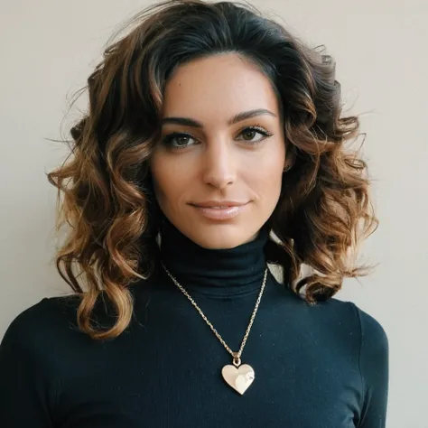 Looking straight at the camera, Film grain, skin texture, Instagram closeup selfie of a woman with beautiful wavy hair wearing a heart necklace,f/1.8,wearing a tutleneck shirt,   <lora:kelbrook_xl_1_standard_wo_cap_merger_28_61_03_07:1>