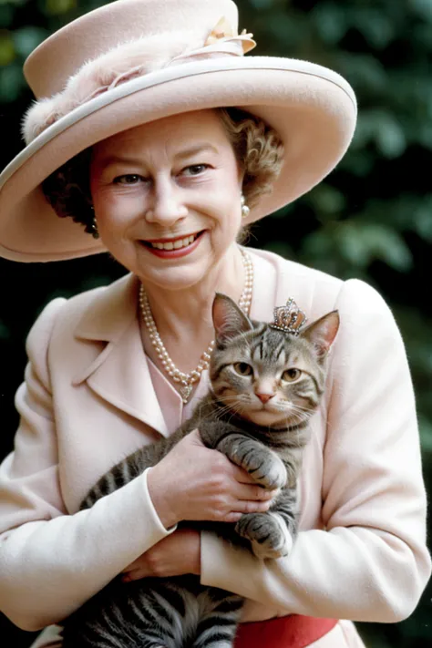 Queen Elizabeth II, petting cat, holding cat in hands, hat, smiling