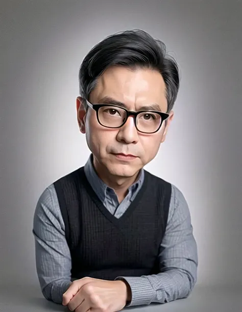 glasses,1boy,solo,male focus,mole,own hands together,realistic,black hair,vest,looking at viewer,grey background,parted lips,grey hair,long sleeves,simple background,datou,