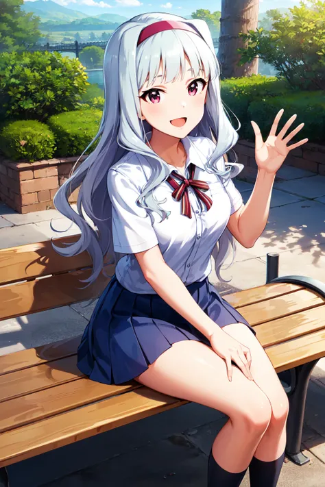 masterpiece, best quality, highres, aatakane, long hair, hairband, <lora:shijou_takane_v1:0.7>, school uniform, short sleeves, outdoors, bench, sitting, waving, smile, open mouth,