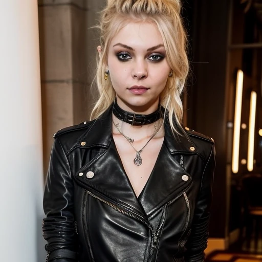 a photo of Momsen1_512-2500, a woman wearing a (black leather jacket), (choker necklace),