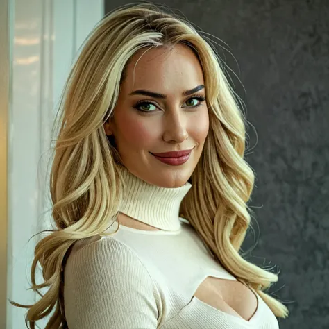 8k, UHD, RAW portrait of paige_spira posing seductively, turtleneck, waist up, from the side, smiling, long blonde hair, high detail face, natural lighting, nice skin <lora:paige_spira-000001:1>