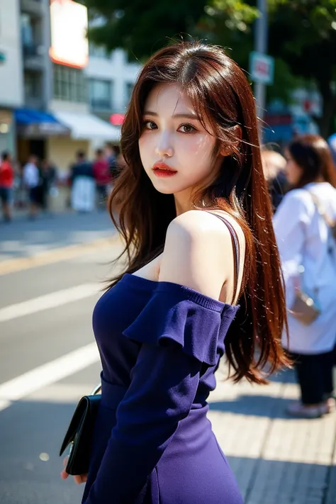 Best quality, masterpiece, ultra high res, (photorealistic), raw photo,1girl, skinny, upper body,solo, realistic, looking at viewer, long hair, bokeh background, city streets,brown eyes, bohemian dress,  <lora:makina69_hyoseong_v1.0:1>