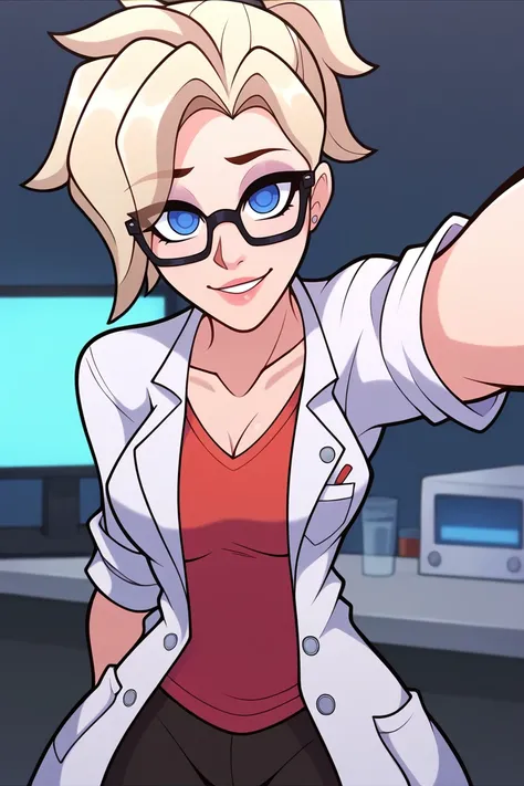 score_9, score_8_up, score_7_up, BREAK,  <lora:tobinge-guy-PONYv1:1>, 1girl, solo, breasts, mercy (overwatch), selfie, lab coat, glasses, doctor,