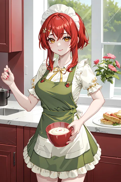 <lora:BabybelleCCv1:0.7> babybelle, masterpiece, best quality, 1girl, solo, red hair, yellow eyes, hair ornament, kitchen, apron