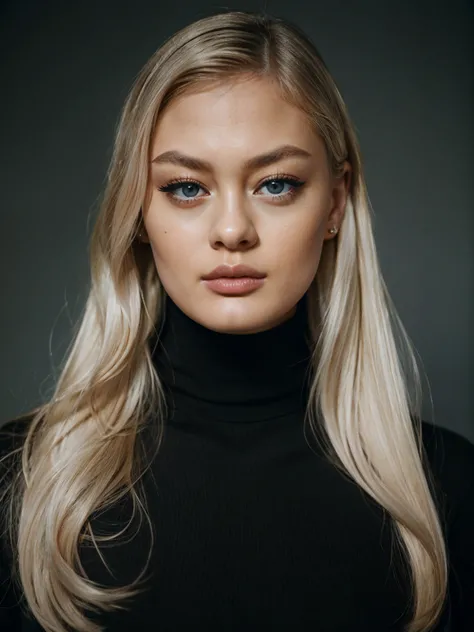 epic35mm, photo of beautiful (block_ambmoo-135:0.99), a beautiful woman, long perfect blonde hair, (closeup headshot), (wearing a black turtleneck jumper:1.2), (simple background), 70mm, (analog, cinematic, film grain:1.3), ((detailed eyes)), (color pictur...