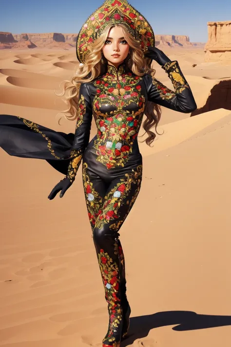 portrait, desert, Arabia, A woman with long blonde wavy hair, full body, wearing ornate embroidered leather headdress, corset, gloves, long sleeves, bodysuit, shoes, <lora:HUD_LG_911-08:0.65>